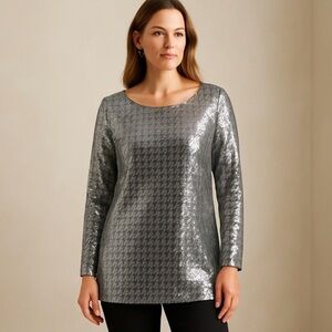 Chico's Sequin Houndstooth Tunic Size 4 XXL Silver Black